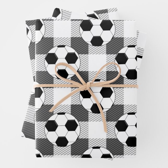 Soccer Ball Plaid Pattern In Black White and Grey Wrapping Paper Sheet (In situ)