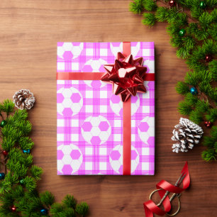 Soccer Ball Plaid Pattern In White and Pink Wrapping Paper