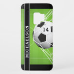 Soccer Ball Player Name Number Personalised Case-Mate Samsung Galaxy S9 Case<br><div class="desc">Personalised soccer themed cell phone case featuring a soccer goal with the ball in the net against a background of a soccer field. HELP:  For assistance with design modification/personalisation or transferring the design to another product,  contact the designer BEFORE ORDERING via Zazzle Chat or makeitaboutyoustore@gmail.com.</div>