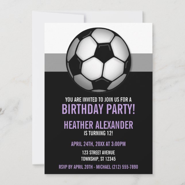 Soccer Ball Purple & Black Birthday Invitations (Front)