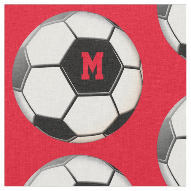 Soccer Ball Red Monogram Pattern Fabric (Close Up)
