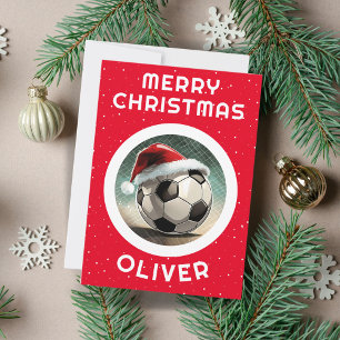 Soccer Ball Red Santa Hat Christmas Kid`s Name Holiday Card