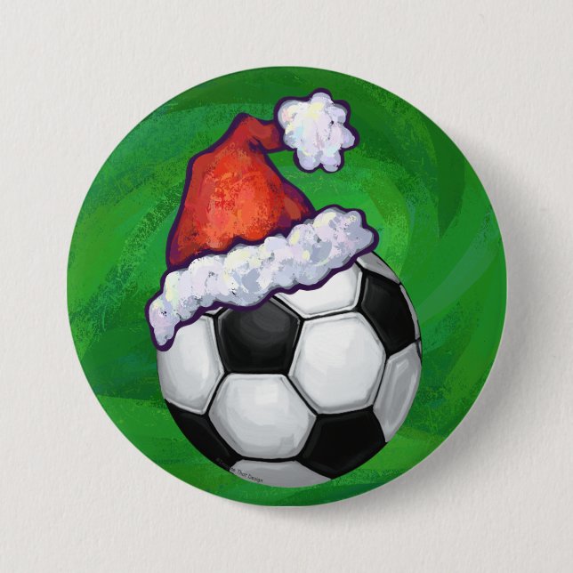 Soccer Ball Santa Hat on Green 7.5 Cm Round Badge (Front)