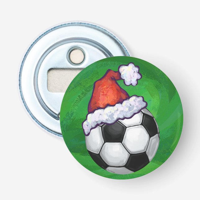 Soccer Ball Santa Hat on Green Bottle Opener (Front)