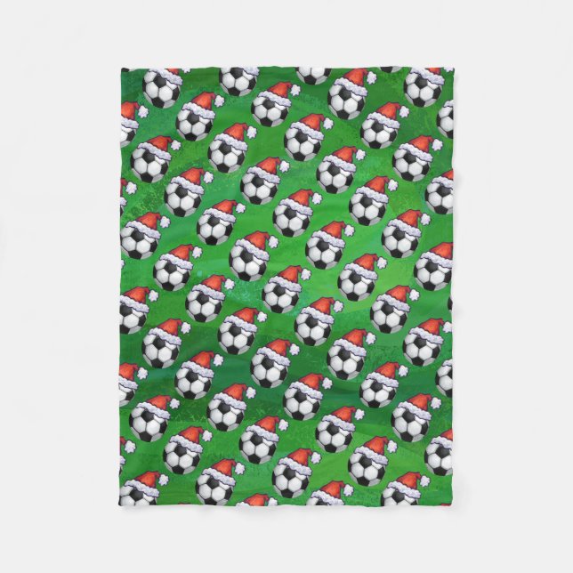 Soccer Ball Santa Hat Pattern on Green Fleece Blanket (Front)