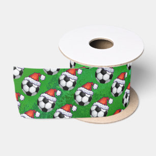 Soccer Ball Santa Hat Pattern on Green Satin Ribbon