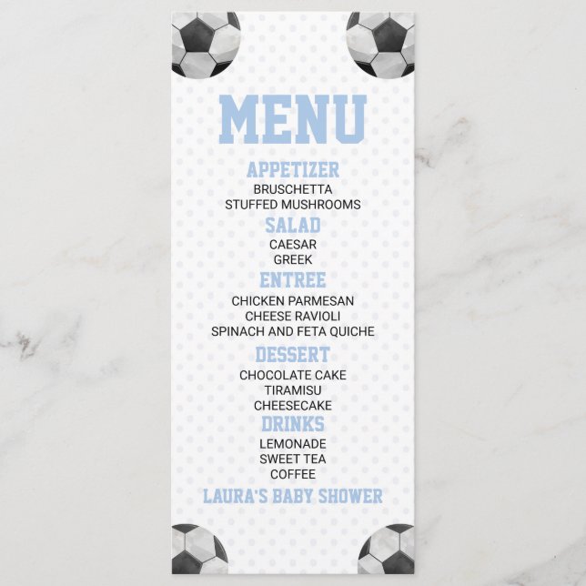 Soccer Ball Sports Blue Baby Shower Food Menu (Front)