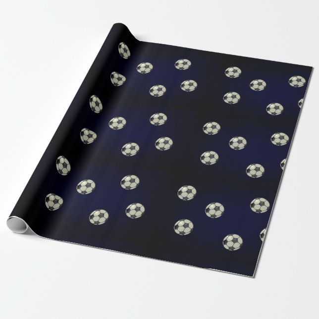Soccer Ball Sporty Wrapping Paper-Deep Rich Blue Paper (Unrolled)