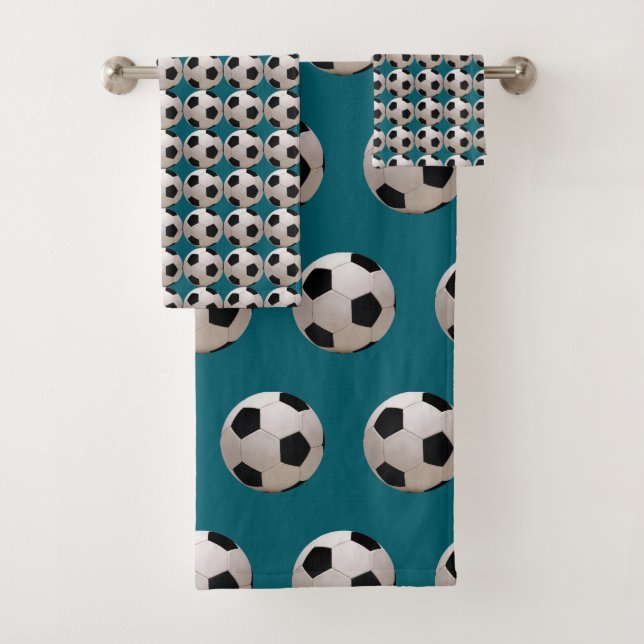 Soccer Ball Theme Teal      Bath Towel Set (Insitu)