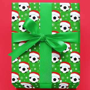 Soccer Ball Wearing Santa's Hat & Snowflakes Green Wrapping Paper