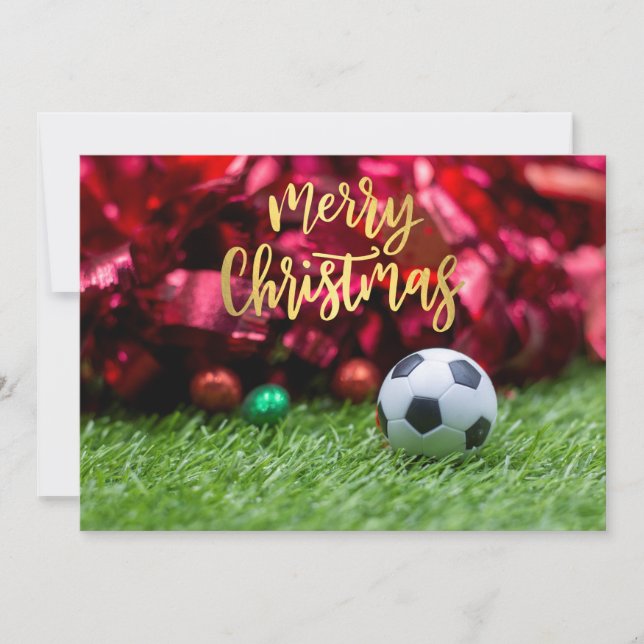 Soccer ball with Christmas decoration on green     Holiday Card (Front)
