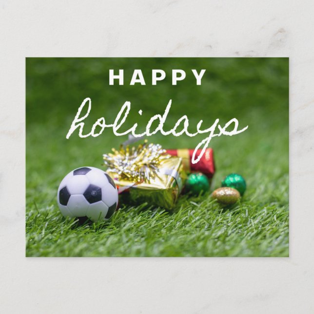 Soccer ball with Christmas Gift Happy Holidays Holiday Postcard (Front)