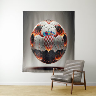 Soccer ball with flames and Croatian flag Tapestry