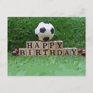 Soccer ball with Happy Birthday word on green Car Postcard