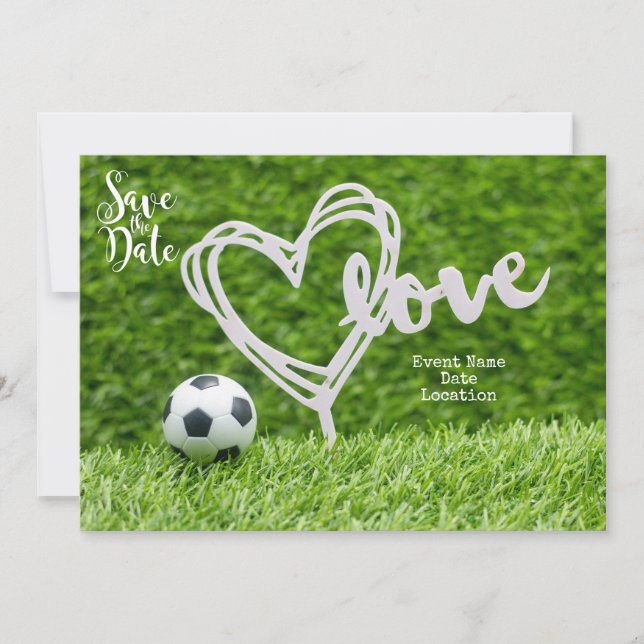 Soccer ball with love for wedding save the date invitation (Front)