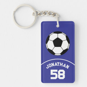 Soccer Ball with Name and Jersey Number Blue Key Ring