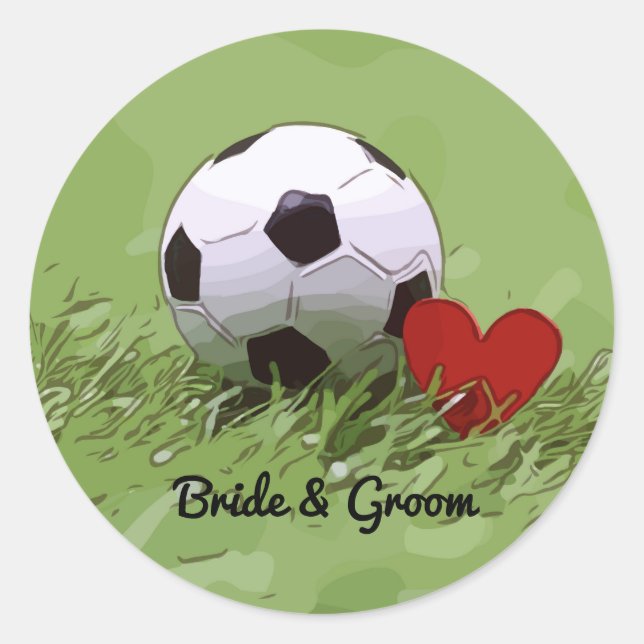 Soccer ball with red heart on green grass wedding  classic round sticker (Front)
