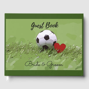 Soccer ball with red heart on green wedding  guest book