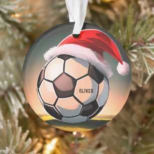 Soccer Ball with Red Santa Hat Name Christmas Ornament