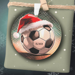 Soccer Ball with Red Santa Hat Name Christmas Ornament