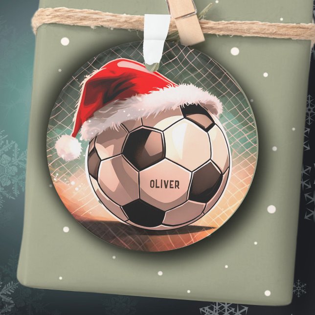 Soccer Ball with Red Santa Hat Name Christmas Ornament (Creator Uploaded)