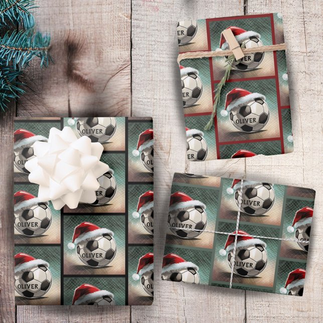 Soccer Ball with red Santa Hat Name Wrapping Paper Sheet (Creator Uploaded)