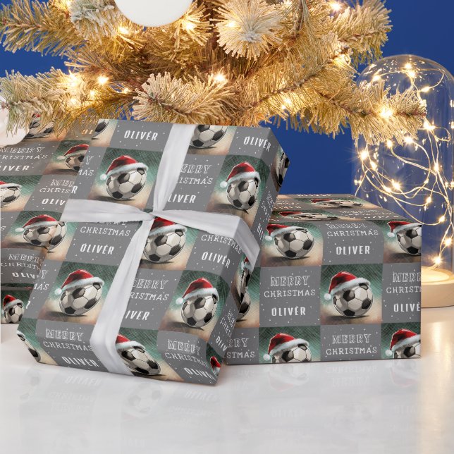 Soccer Ball with Santa Hat Fun Christmas Wrapping Paper (Holidays)