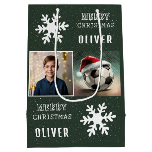 Soccer Ball with Santa Hat Snowflake Photo  Medium Gift Bag