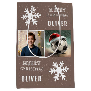 Soccer Ball with Santa Hat Snowflake Photo  Medium Gift Bag