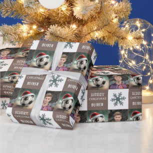 Soccer Ball with Santa Hat Snowflake Photo Wrapping Paper