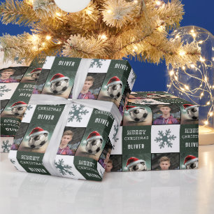 Soccer Ball with Santa Hat Snowflake Photo Wrapping Paper