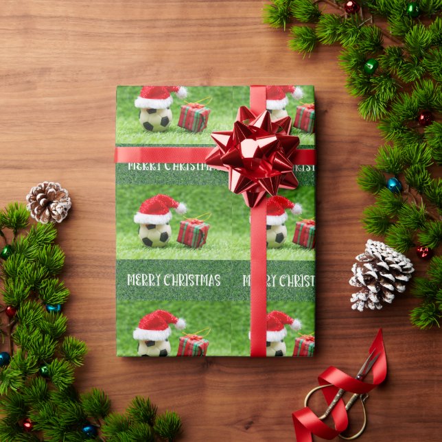 Soccer Ball with Santa Hat  Wrapping Paper (Holiday Gift)