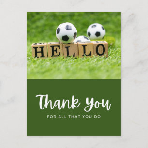 Soccer ball with thank all what you do on green postcard