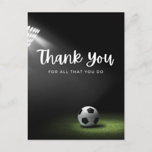 Soccer ball with thank all what you do on green  postcard