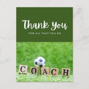 Soccer ball with thank all what you do on green  postcard