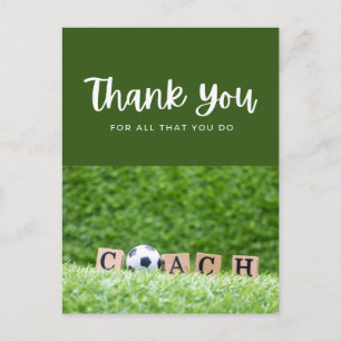 Soccer ball with thank all what you do on green  postcard