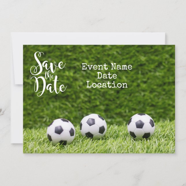 Soccer ball with word save the date invitation (Front)