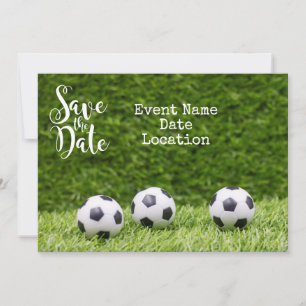 Soccer ball with word save the date invitation