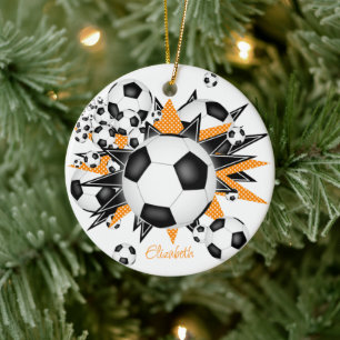 soccer balls black orange stars girls sports ceramic tree decoration