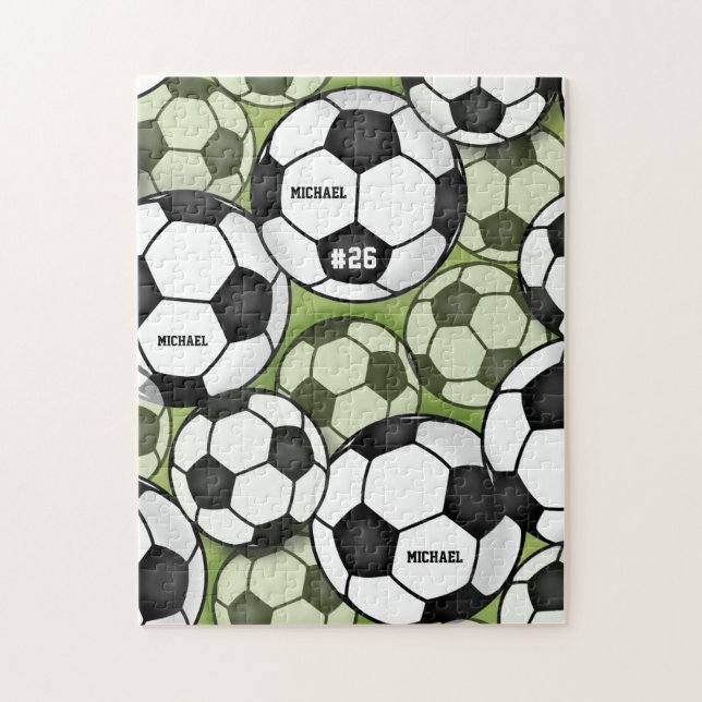 Soccer Balls Black & White Boy's Kids Name Number  Jigsaw Puzzle (Vertical)