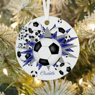 soccer balls blue grey stars girls sports metal tree decoration