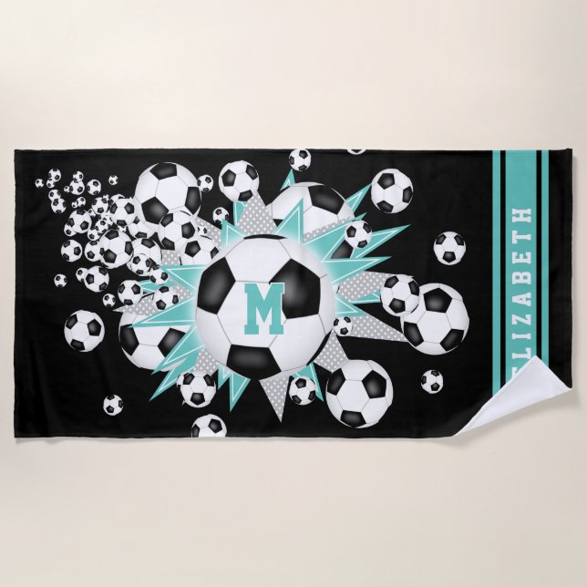 soccer balls light teal grey stars girls name beach towel (Front)