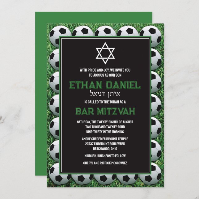 Soccer Balls on Grass Bar Mitzvah Invitation (Front/Back)