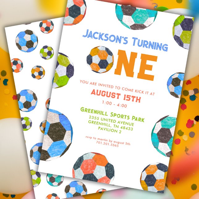 Soccer Balls ONE First Birthday Invitation (Creator Uploaded)