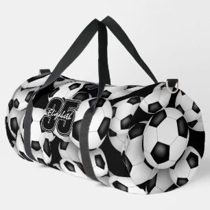 Soccer balls pattern player name jersey number duffle bag
