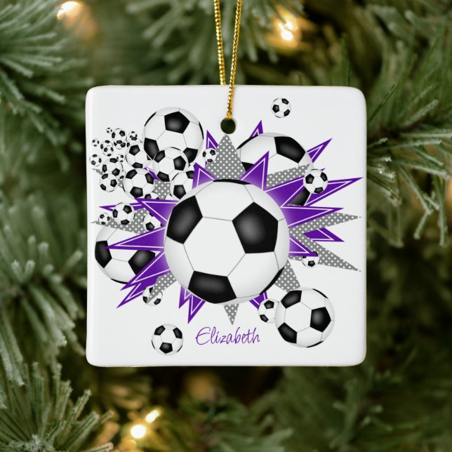 soccer balls purple gray stars girls sports ceramic ornament (Tree)