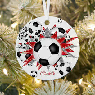 soccer balls red grey stars girls sports metal tree decoration