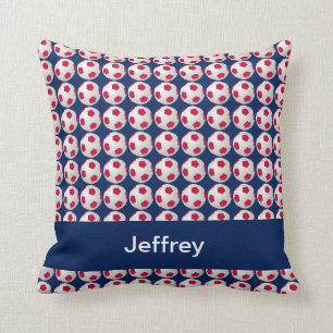 Soccer Balls, Red, White & Blue, 16" Square  Cushion
