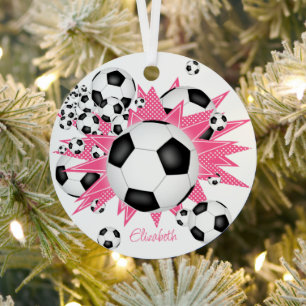 soccer balls w pink white stars girls keepsake metal tree decoration