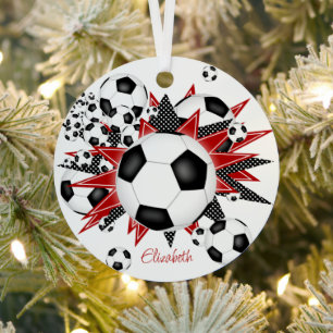 soccer balls with red black stars girls sports metal tree decoration
